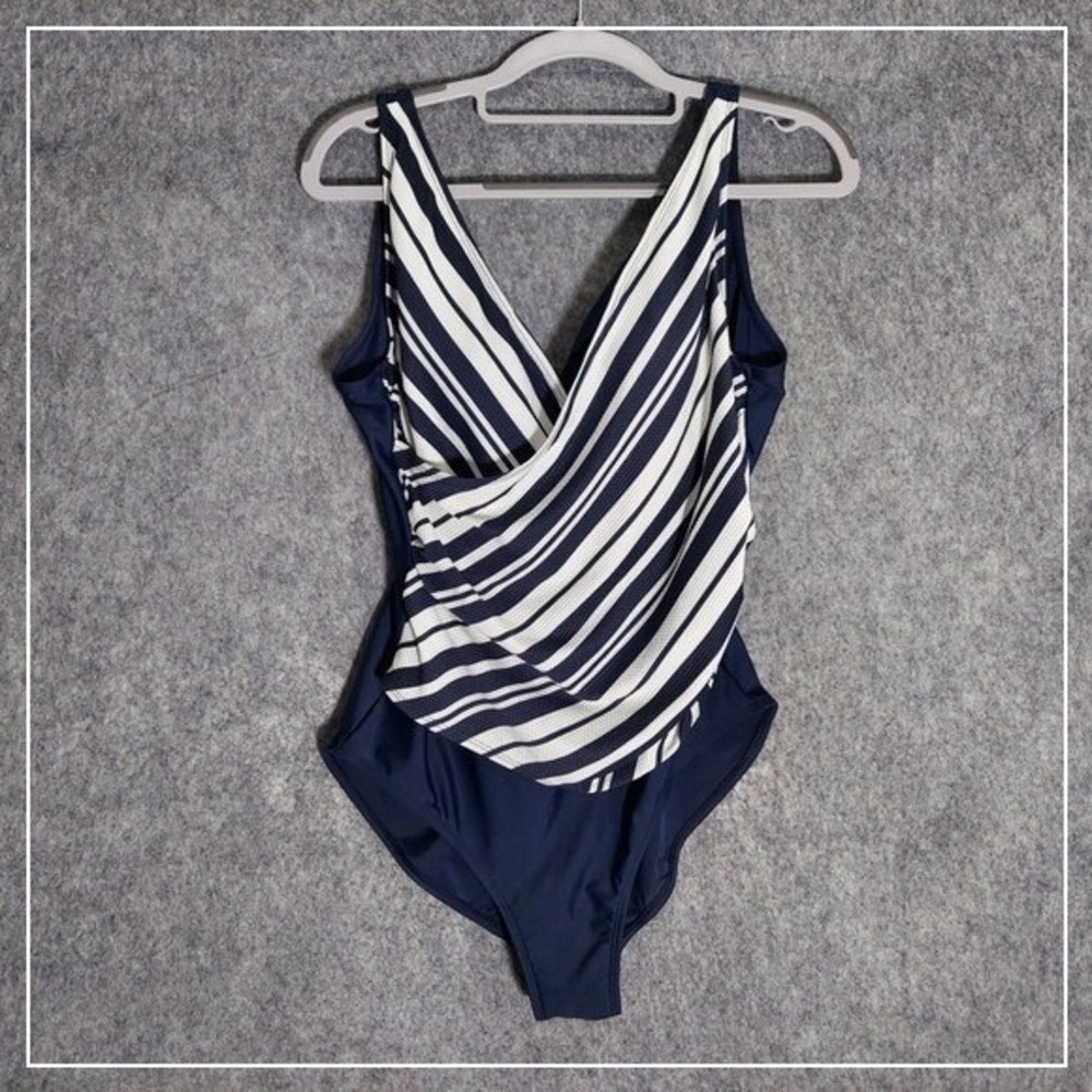 Kensie Swimsuit M Nautical Bathing One Piece Built In Bra Cinch Wrap Open resort